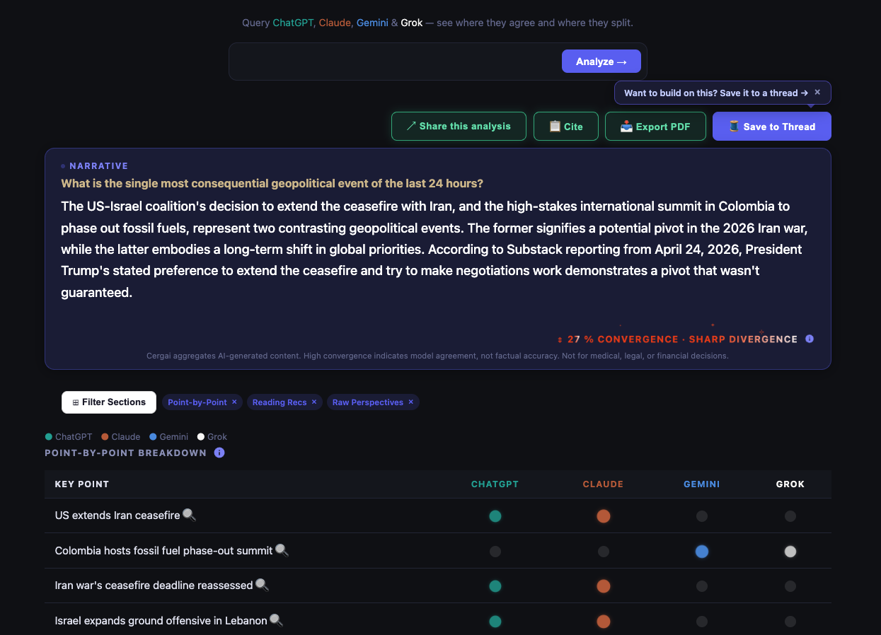 Example Cergai search result — verdict, convergence score, and point-by-point breakdown